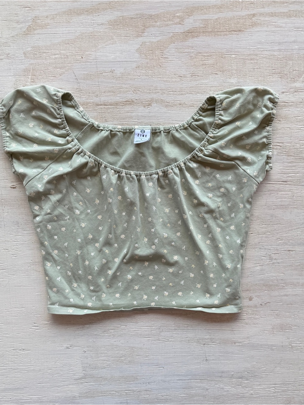 Zine Clothing Sage Green Puff-Sleeve Crop Top with flowers